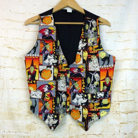 VTG 90s Smoke Valley Halloween Theme Vest Women L/XL Dracula Witch Skeleton Owl - Picture 1 of 10